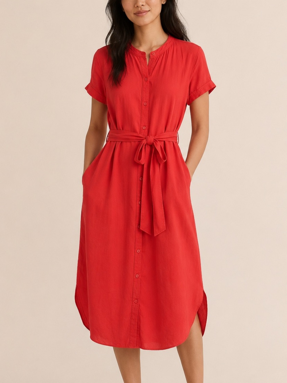 Loft Red Button Front Belted Midi Shirt Dress Rayon Size Small Casual Pockets